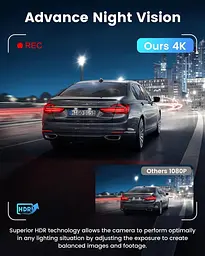Відеореєстратор спереду та ззаду 4K+1080P з WiFi та додатком, подвійна автомобільна камера, карта на 64 ГБ у комплекті - мініатюра 4