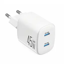 Мережевий зарядний пристрій Brevia ePowerGaN PD45W 2xUSB-C білий(44045GDCW)