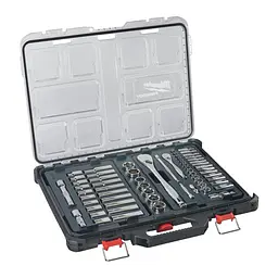 Набір головок торцевих хромованих 1/2''+ 1/4'' PACKOUT MILWAUKEE, з тріскачкою, (63шт), пластиковий органайзер