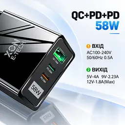 Зарядний пристрій XON PowerCharge 58W (PD20) USB Type-C (PCWA058020A1С2B 6068) Чорний - мініатюра 6