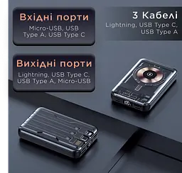 Повербанк 10000 mAh з бездротовою зарядкою USB-С/USB-A/microUSB/Apple Lightning 3 шнури в комплекті Smart X X104 - мініатюра 19