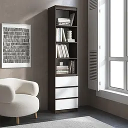 Пенал для книг Vays R-25 Венге Темний-Білий фасад, з відкритими полицями та шухлядами, без ручок, ЛДСП, 50×40×211 см - для вітальні, спальні, офісу