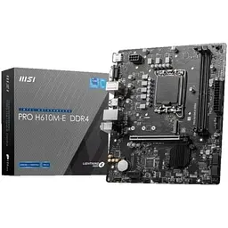 Материнська плата LGA1700, MSI PRO H610M-E DDR4, H610, 2xDDR4, Int.Video(CPU), 4xSATA3, 1xM.2, 1xPCI-E 16x 4.0, 1xPCI-E 1x 3.0, ALC897 4xUSB3.2/8xUSB2.0, VGA/HDMI, MicroATX