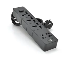 Мережевий фільтр ТВ-Т08, 3 розетки + 4 USB, 2 м, перетин 3×0,75 мм, 2500 Вт, чорний - мініатюра 1