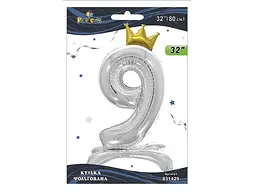 Кулька фольгована цифра PELICAN 32 (80 см) 1 з короною на підставці 9 срібло