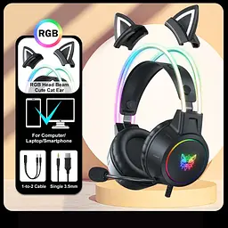 Накладні ігрові навушники Onikuma X15 Pro дротові з гарнітурою і котячими вушками та RGB-підсвіткою чорні - мініатюра 6