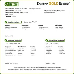 Вітамін D3+K2 California Gold Nutrition Vitamin D3 + K2, 180 вегетаріанських капсул - мініатюра 7