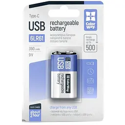 Акумулятор Крона USB-С 390 mAh 9V (Li-Polymer) ColorWay (CW-UB9V-06)