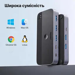 USB-перемикач периферії UGREEN CM662 для спільного використання 4 USB-пристроїв між 2 комп’ютерами входи 2 USB-A виходи 3 USB-A та 1 USB-C USB 3.0 до 5 Гбіт/с перемикання кнопкою на корпусі або комплектною виносною кнопкою Mini-USB з кабелем 1,5 м вхід додаткового живлення USB-C 5 В до 2 А зі світловою індикацією вибраного комп’ютера без встановлення драйверів для Windows macOS Linux у комплекті 2 кабелі USB-A на USB-A по 1,5 м чорний зі сріблясто-сірими боками (15705) - мініатюра 5