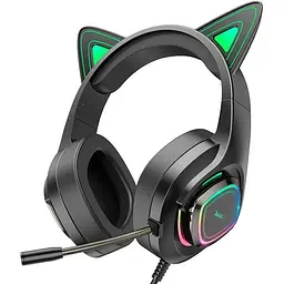 Навушники Hoco W107 Cute cat luminous cat ear gaming headphones чорно-зелені - мініатюра 2