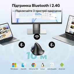 Бездротова вертикальна миша з трекболом UGREEN M785DR Bluetooth 5.4 та 2,4 ГГц із USB-A приймачем 5 рівнів чутливості до 2000 DPI для правої руки перемикання між 3 пристроями заряджання через USB-C безшумна робота налаштування кнопок через ПЗ із зарядним кабелем USB-A → USB-C 1 м темно-сіра з чорними елементами та синьо-сірою кулькою (85892) - мініатюра 12