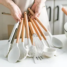 Силіконовий кухонний набір приладдя Kitchen & Dining 12 предметів (дерево+силікон) бежевий - мініатюра 3