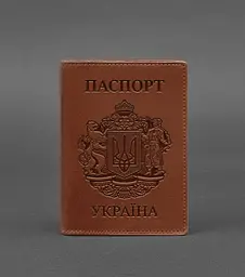 Шкіряна обкладинка для паспорта з українським гербом світло-коричнева