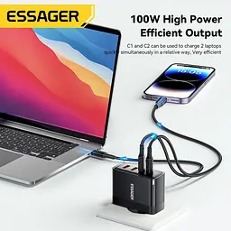 Потужний Зарядний Пристрій 100W з Кабелем Essager GaN2 Pro QC PD 20V 5A Зарядка 100 Вт Блок живлення Type c Зарядка 100W - мініатюра 6