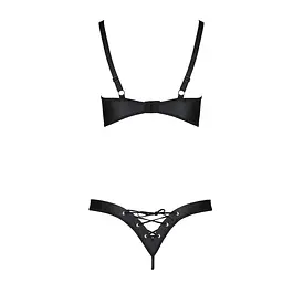 Комплект з екошкіри Passion CELINE BIKINI L/XL black, відкритий бра зі стрічками, стрінги - мініатюра 4
