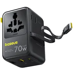 Мережевий універсальний перехідник Baseus CG11 70W with retractable cable (2USB-A/3C/1Socket) (E0307E) Cosmic Black - мініатюра 3