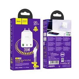 Мережевий зарядний пристрій Hoco N33 USB/2 Type-C PD 35W білий + кабель Type-C to Lightning - мініатюра 6