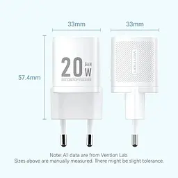 Зарядний пристрій 1xUSB-C 20W GaN + USB-C cable М-М White Vention (TZ-FEPW0-EU-01) - мініатюра 9