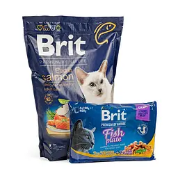 Набір корм сухий Brit Premium Adult Salmon Sterilized д/котів лосось 1,5 кг + 4 паучі рибна тарілка