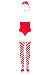 Тедді Obsessive Kissmas teddy, L/XL, червоне, без бретелей, чокер, панчохи та шапка з помпоном у наборі - мініатюра 4