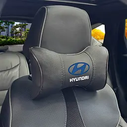 Подушка на підголівник з логотипом Hyundai Екошкіра 3D Кольоровий лого Чорна-Коричневий кант 1 шт