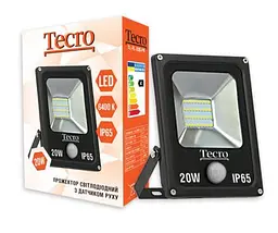 Прожектор LED, Tecro, 20W, 6400K, чорний, 1400Lm, 160?, IP65, кабель із заземленням (TL-FL-20B-PR) з датчиком руху 8м