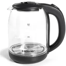 Електрочайник Holmer HKS-2025, чорний, 1500W, 1.8л, скло, дисковий, LED-підсвічування, індикатор рівня води