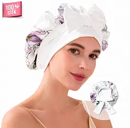 Двошарова шовкова жіноча шапка для сну великого розміру MaryuPHair 100% шовк мульбері з регульованою гумкою та бантом (квітковий №3)