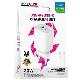 МЗП Borofone BAS83A Star PD20W+QC3.0 (1USB-A/1C) + кабель Type-C to Type-C White - мініатюра 3