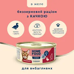 Повнораціонний беззерновий консервований корм HOME FOOD для вибагливих дорослих котів з качкою в желе, 85 г - мініатюра 2