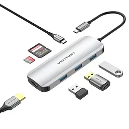 Хаб USB 7-in-1 Grey Type-C 3.2 - 1xType-C (100 Вт) / 3xUSB 3.0 / HDMI 4K / microSD / SD Vention teh0019597 - мініатюра 2