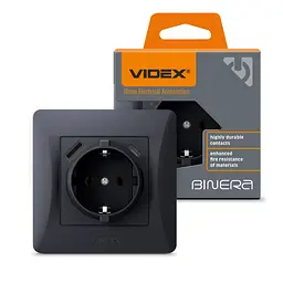 Розетка Videx Binera одинарна із заземленням з USB+USB-C чорний графіт (VF-BNSK1GUC-BG)