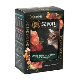 Набір вологих кормів Savory 3+1 для дорослих кішок, ягня з буряком у соусі, паучі, 4 шт. 85 г - мініатюра 2