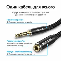 Аудиоудлинитель Vention 10 м 3,5 мм TRRS штекер на гнездо с поддержкой микрофона гарнитуры через совместимое комбинированное гнездо с сохранением управления кнопками совместимой гарнитуры в хлопковой оплётке с позолоченными контактами чёрный (BHCBL) - миниатюра 3