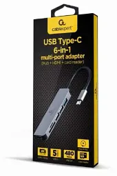 Хаб USB Cablexpert "6-in-1", Grey, Type-C 3.1 - 1xUSB 3.1 / 2xUSB 2.0 / HDMI 4K / microSD / SD, кабель 12 см, алюмінієвий корпус (A-CM-COMBO6-02) - мініатюра 2