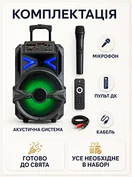 Портативна колонка валіза 12″ PMPO 3000 Вт з мікрофоном, пультом і LED чорна (49676162) - мініатюра 8