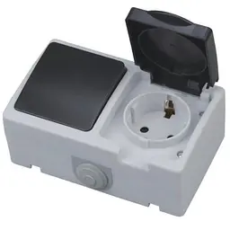Розетка Horoz Electric Atom, 1-на накладна із заземленням, з кришкою, з 1-м вимикачем, чорно-сіра