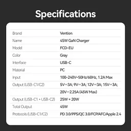 Зарядний пристрій Vention 2xUSB-C PD45W GaN transparent gray (FCFH0-EU) - мініатюра 12