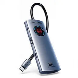 Док-станція Vention хаб 5-в-1 з підключенням USB-C вихід HDMI до 8K 30 Гц для даних 1 USB-C та 2 USB-A до 5 Гбіт/с вхід живлення USB-C PD до 100 Вт сірий (TQXHB)