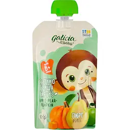 Упаковка натурального яблучно-грушево-гарбузового пюре Galicia Baby 540 г (90 г x 6 шт.) - мініатюра 2