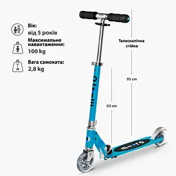 Самокат MICRO серії "Sprite" - БЛАКИТНИЙ ОАЗИС (складаний, до 100 кг (kg), двоколісний) Micro SA0024 - мініатюра 3