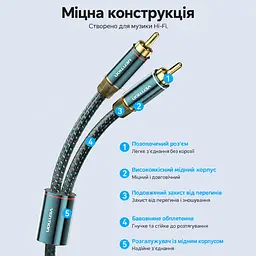 Стереоаудіокабель Vention 8 м тюльпани 2RCA штекер на 2RCA штекер з подвійним екрануванням у бавовняному обплетенні з посрібленими провідниками OFC з позолоченими роз’ємами зелений (BCUGK) - мініатюра 2