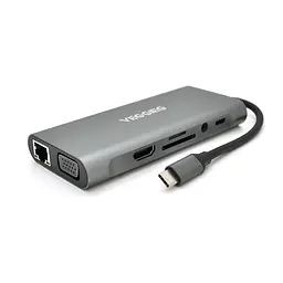 Хаб-конвертор Veggieg TC11-S Type-C (тато) на Type-C(мама) + USB3.0*3(мама) + HDMI(мама) + jack3.5(мама) + SD/TF + RJ45, 10 см, Silver, Box - мініатюра 2