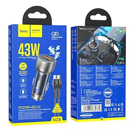 Адаптер автомобільний Hoco Type-C to Type-C cable Sprinter dual port Car charger NZ8 |1USB/1Type-C, QC/PD, 43W/3A| - мініатюра 3