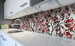 Кухонний фартух Гілки на вітражах червоні Листя вінілова 65х250 см Сірий Happy Pocket Z184230 - мініатюра 5