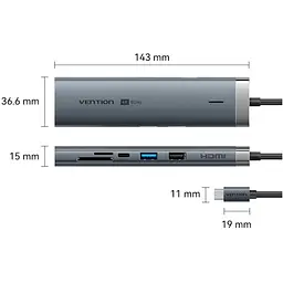 Док-станція USB3.2 Type-C --> HDMI 60Hz/USB 3.0x2/RJ45/SD/TF/3.5mm/PD 100W Hub 9-in-1 Vention - мініатюра 2