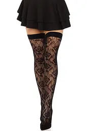 Панчохи Leg Avenue Wild rose net thigh highs, One Size, чорні, широка резинка, малюнок-троянди - мініатюра 4