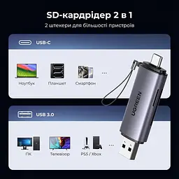 Зчитувач флеш-карт Ugreen USB-C + USB to TF/SD 3.0 CM185 gray (50706) - мініатюра 4