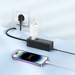 Мережевий зарядний пристрій подовжувач Hoco AC9A 2 USB/Type-C PD QC 30W 1 розетка 1.5m чорний - мініатюра 2