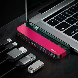 Мультипортовий адаптер USB Хаб Baseus Multi-Functional Transparent Series Type-C CAHUB-TD09 Red - мініатюра 4